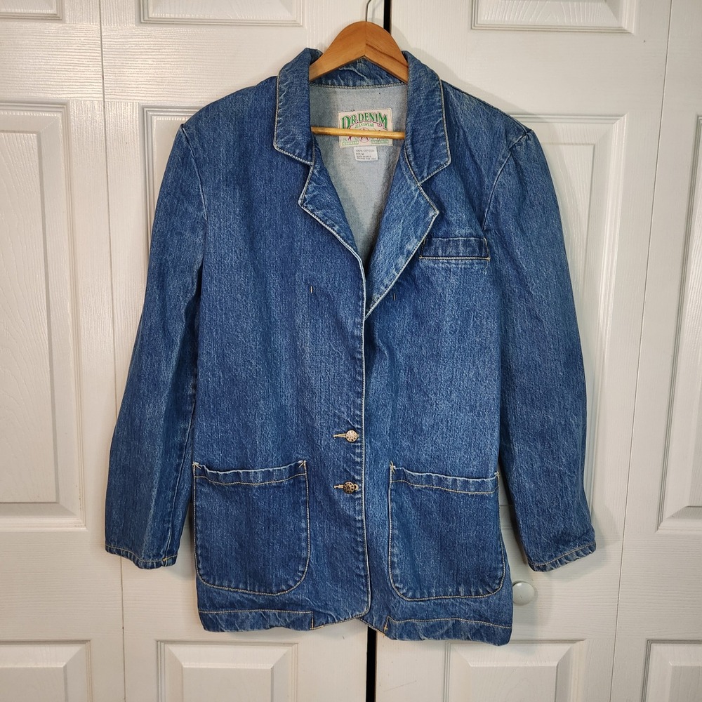 Dr Denim Jeanswear Vintage 90s Blue Denim Blazer Jacket Medium Wash Size M Retro